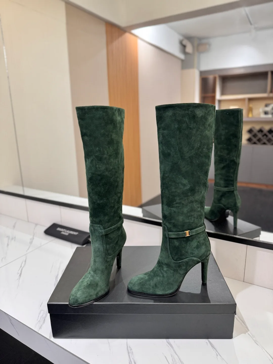 Saint Laurent Cowhide Sheepskin Suede-Look Pointed-Toe Buckle Boots in Green · view 5