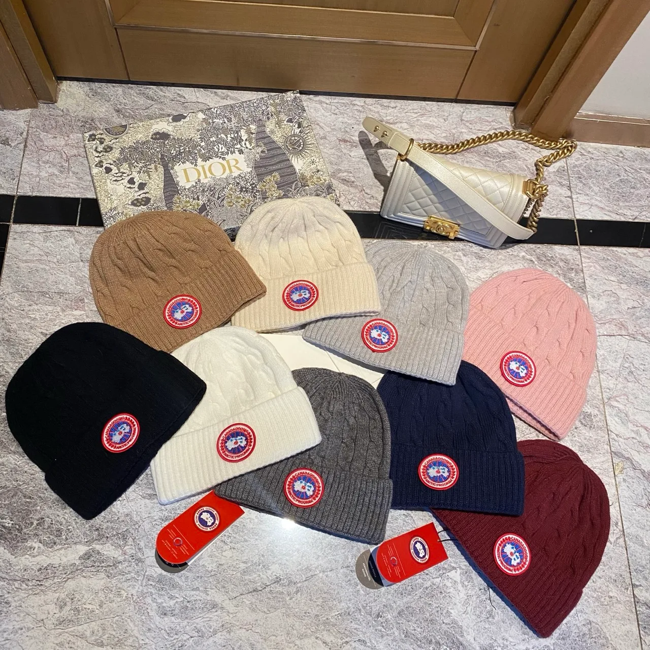 Canada Goose Cable knit beanie in Black & White & Grey & Brown & Blue & Burgundy & Cream & Pink · view 8