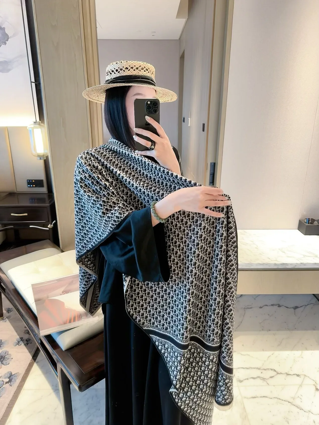 Dior CD pattern fringed scarf in Beige & Black · view 5