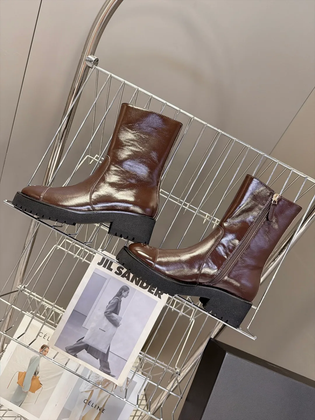 Chanel Cowhide Patent Leather Glossy Round-Toe Ankle Boots in Brown · view 6