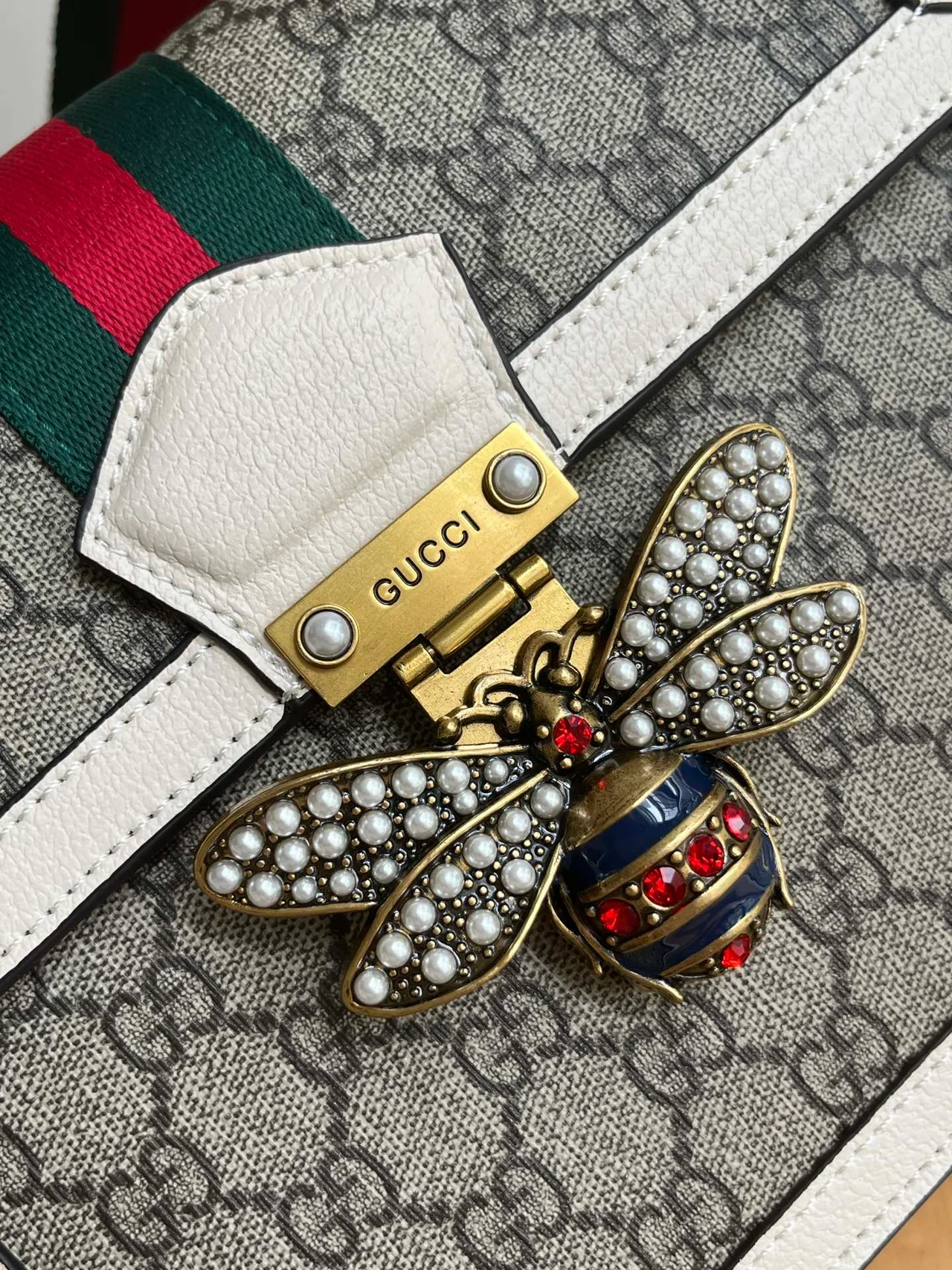 Gucci Striped Top-Handle Bag in Beige · view 6
