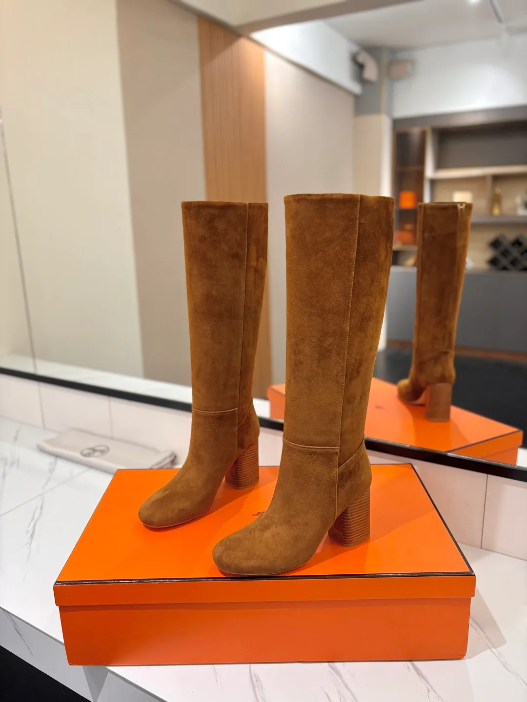 Hermes Cowhide Knee-High Boots in Brown · view 2