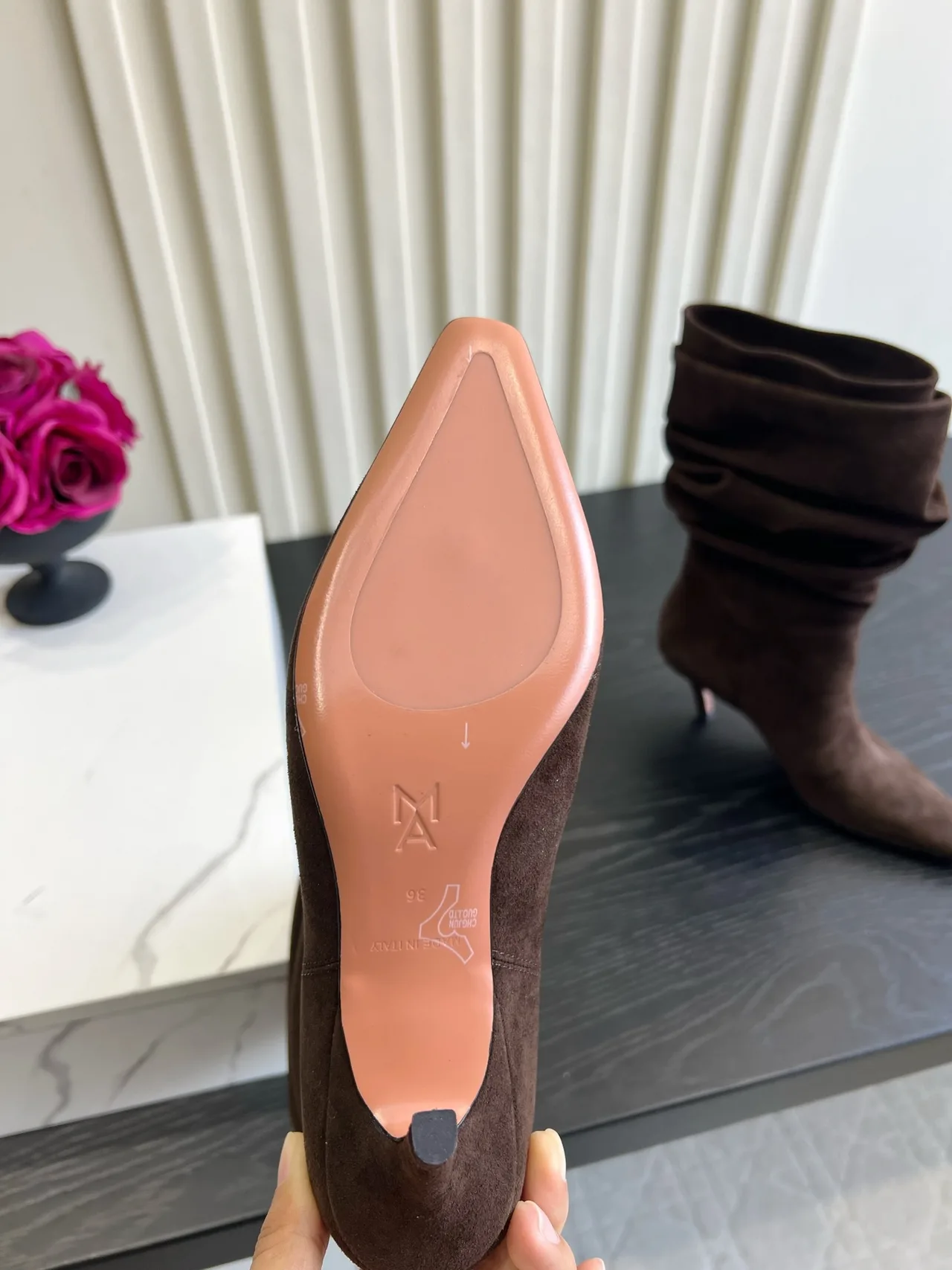 Amina Muaddi Cowhide Ribbed Suede-Look Pointed-Toe Ankle Boots in Brown · view 5
