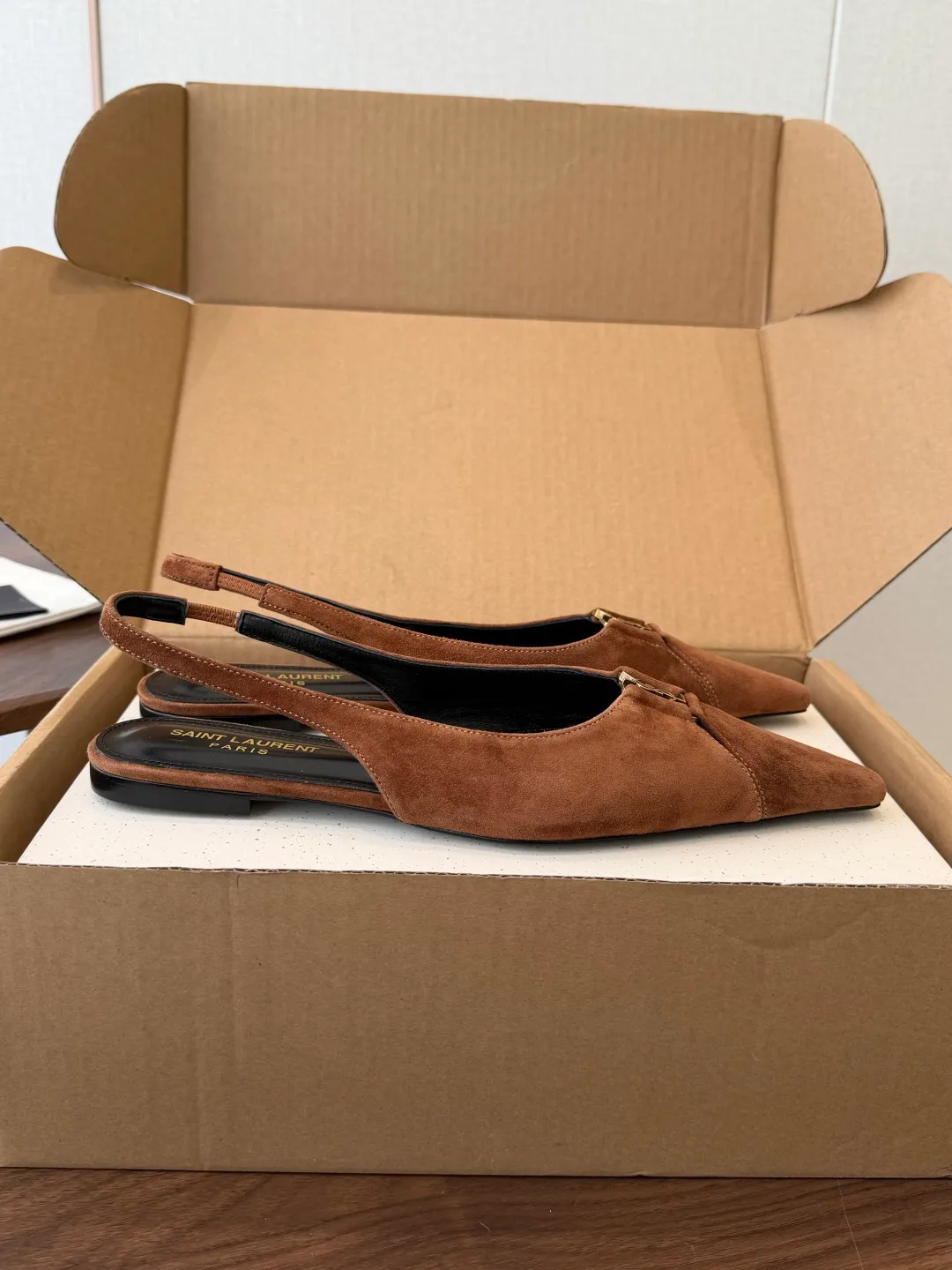 Saint Laurent Sheepskin Suede-Look Pointed-Toe Slingback Shoes in Brown · view 2