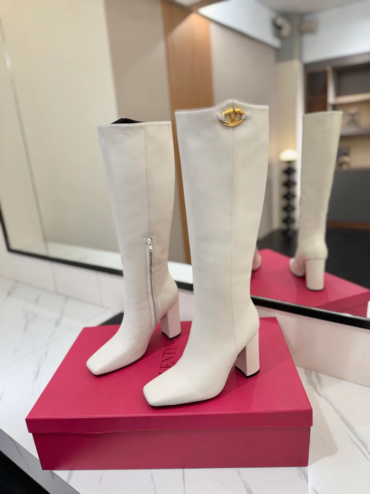 Valentino Cowhide Glossy Pointed-Toe Knee-High Boots in White · view 2