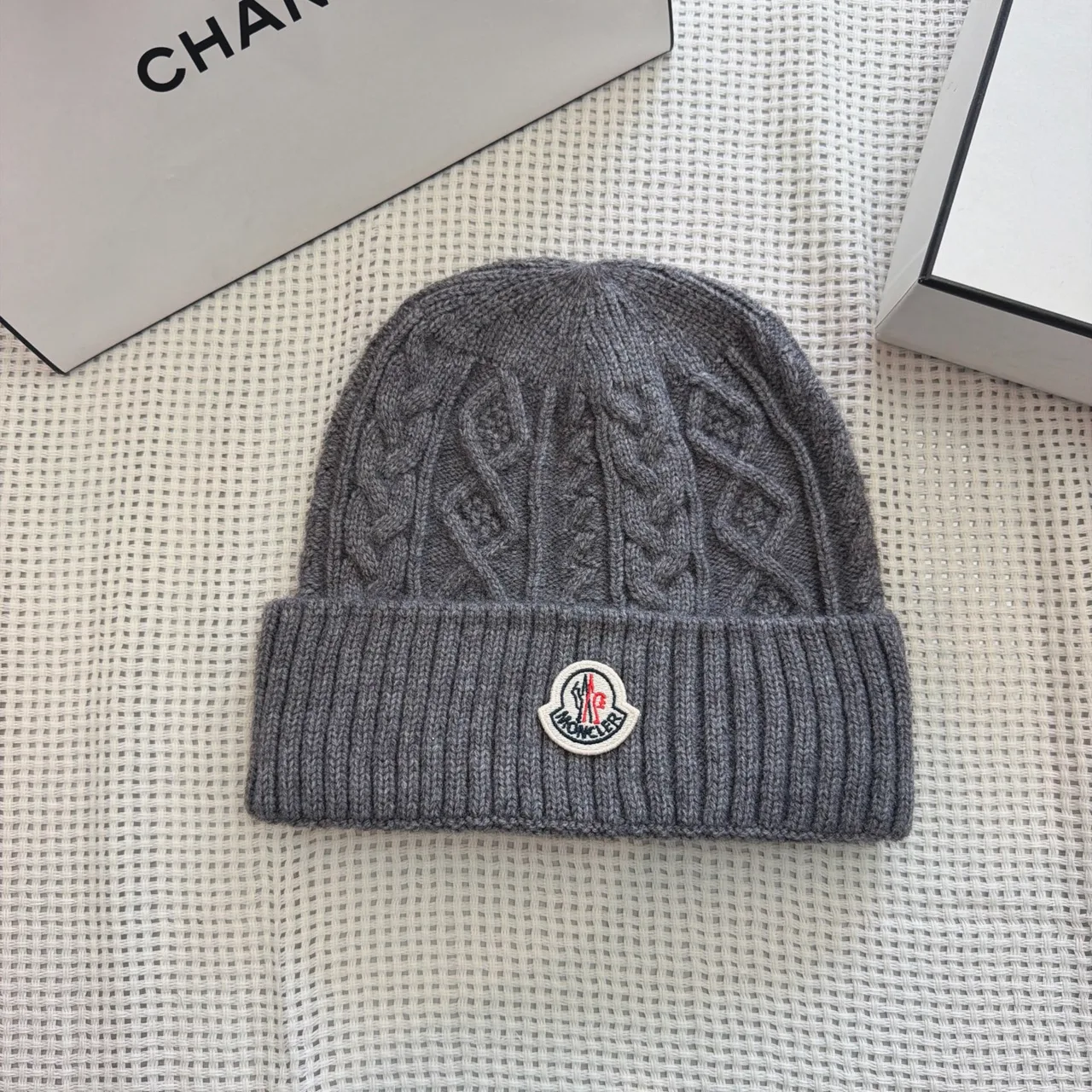 Moncler Cable-knit logo beanie in Burgundy & Black & White & Cream & Grey & Tan · view 5
