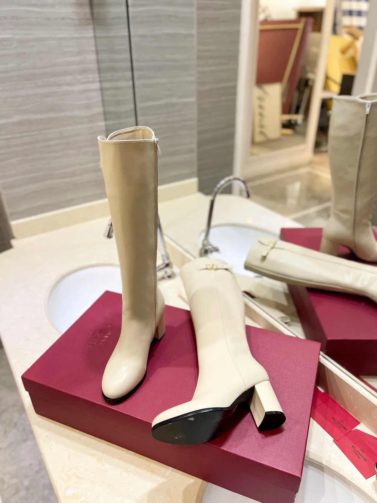Valentino Leather Glossy Round-Toe Buckle Knee-High Boots in White · view 5