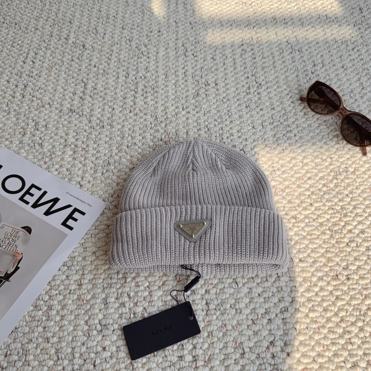 Prada Ribbed Knit Beanie in Grey · view 6