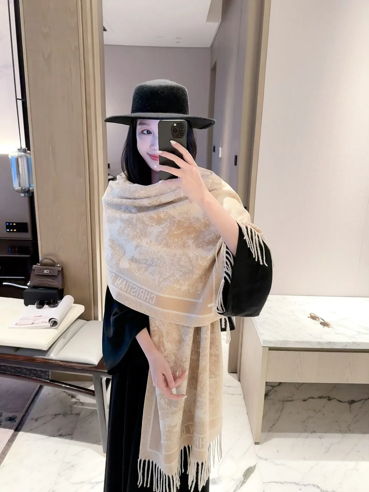 Dior Oblique Border Fringe Scarf in Grey & Pink & Beige · view 4