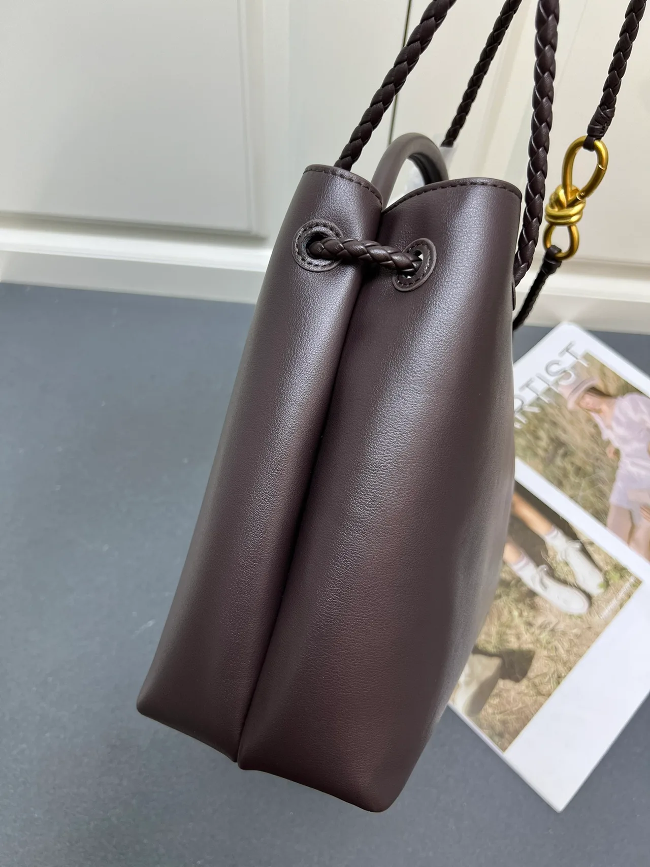 Bottega Veneta Calfskin Woven Braided-Handle Tote in Brown · view 4