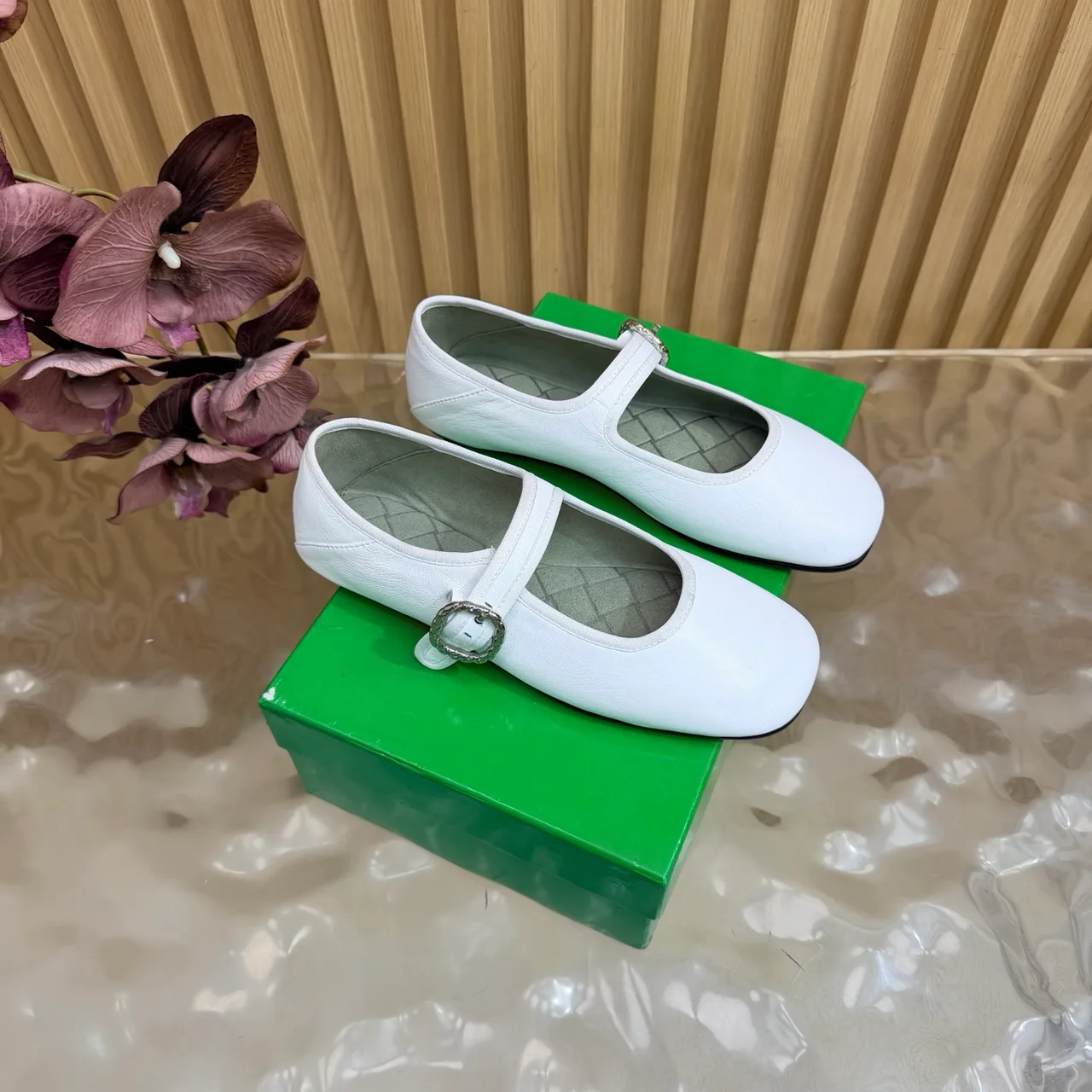 Bottega Veneta Sheepskin Quilted Glossy Square-Toe Buckle Mary Jane Flats in White · view 2