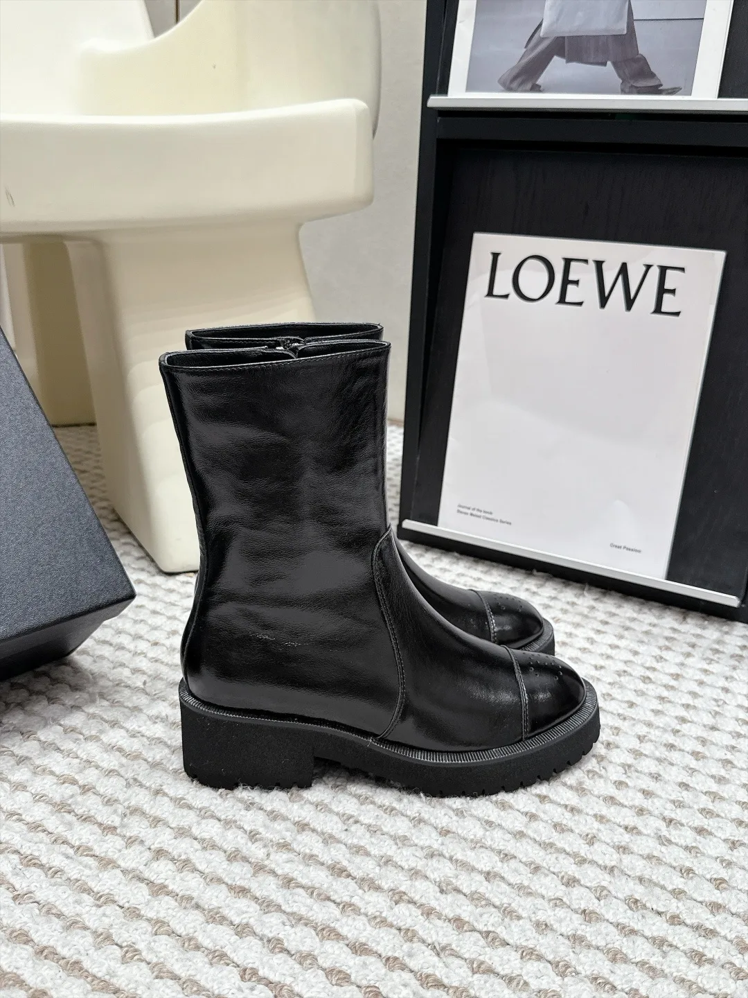 Loewe Cowhide Glossy Round-Toe Ankle Boots in Black · view 2