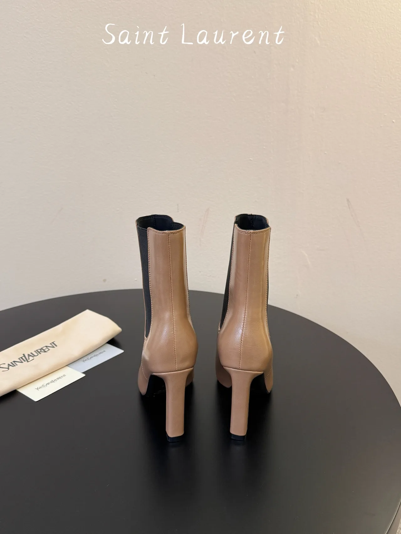 Saint Laurent Cowhide Sheepskin Glossy Pointed-Toe Chelsea Heel Boots in Beige · view 6