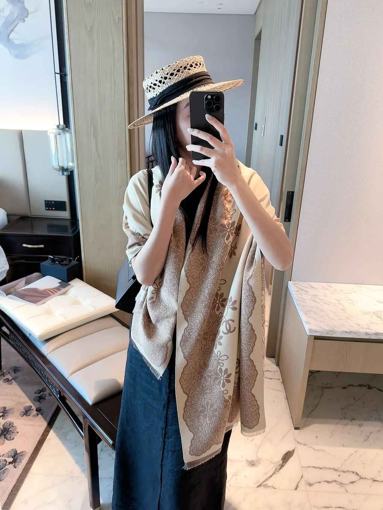 Chanel Reversible Scarf in Beige & Grey · view 3