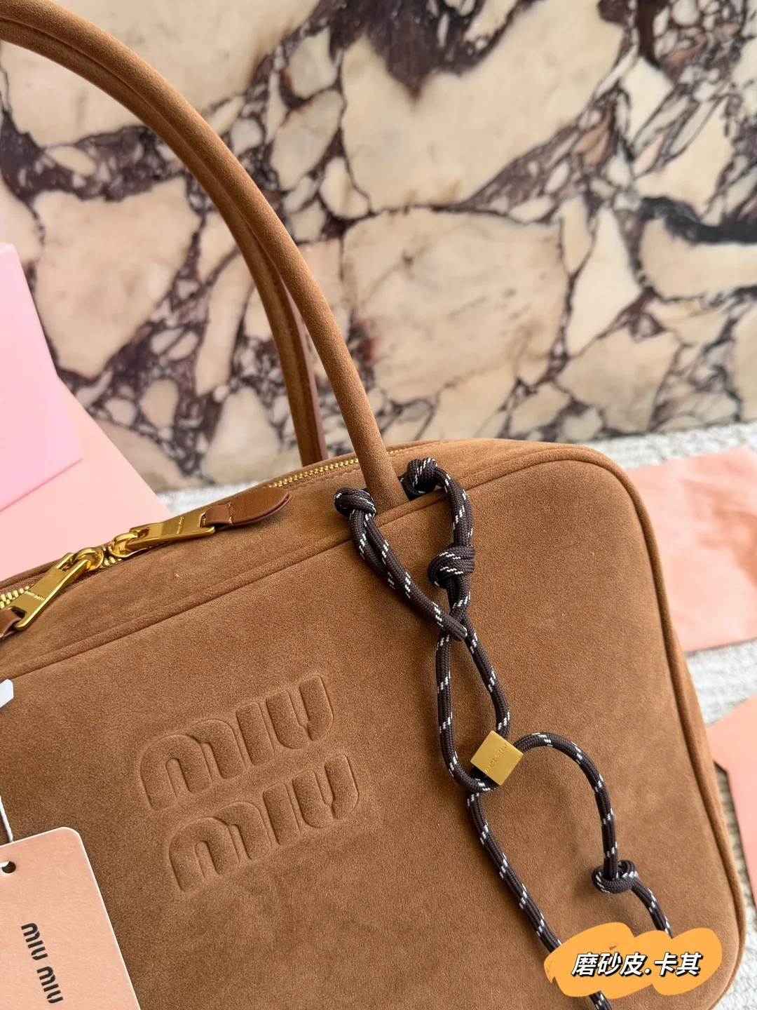 Miu Miu Suede-Look Top-Handle Zip Bag in Brown · view 3