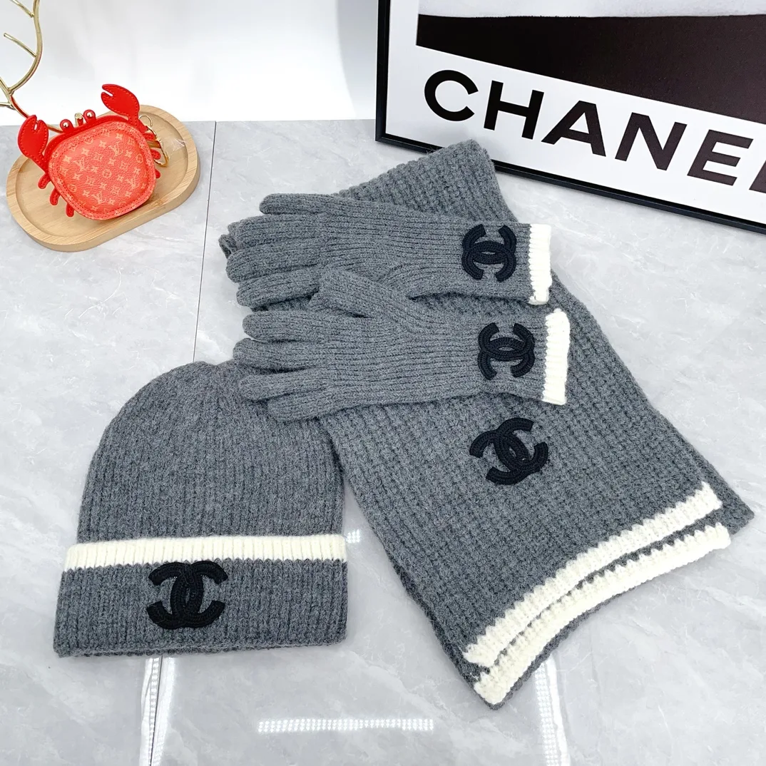 Chanel Striped Beanie, Scarf and Gloves Set in Grey · view 2