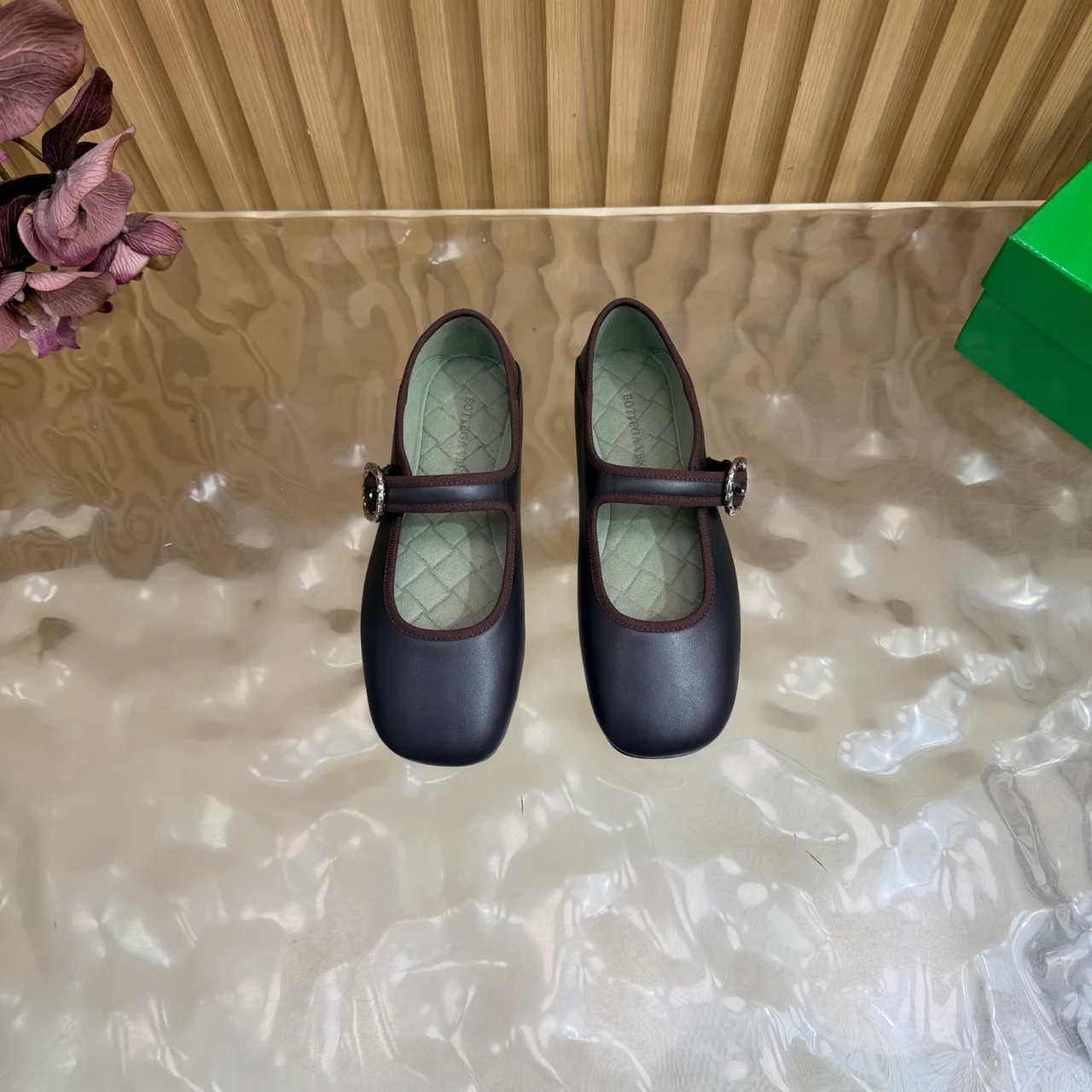 Bottega Veneta Sheepskin Quilted Buckle Mary Jane Flats in Brown · view 3