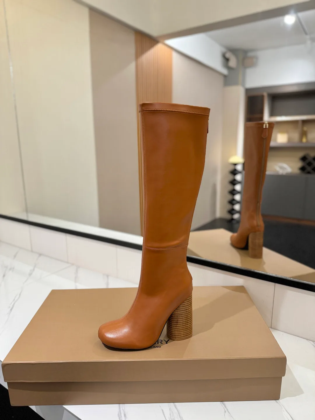 Burberry Glossy Knee-High Boots in Tan · view 5