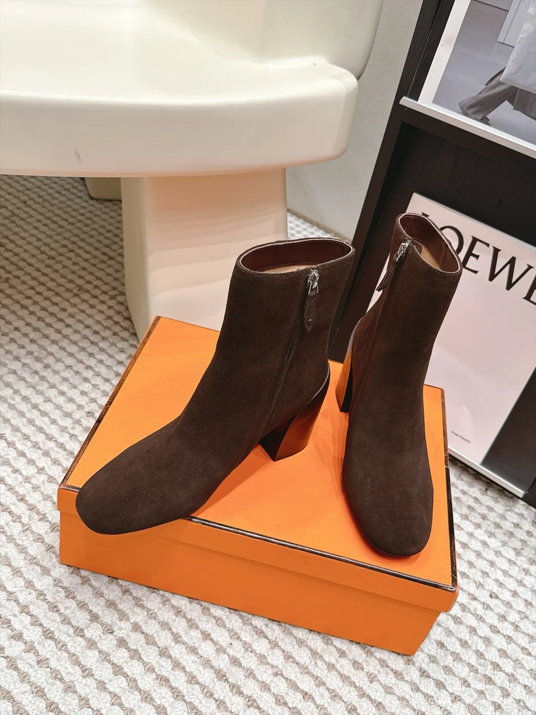 Loewe Glossy Suede-Look Pointed-Toe Ankle Boots in Brown · view 4