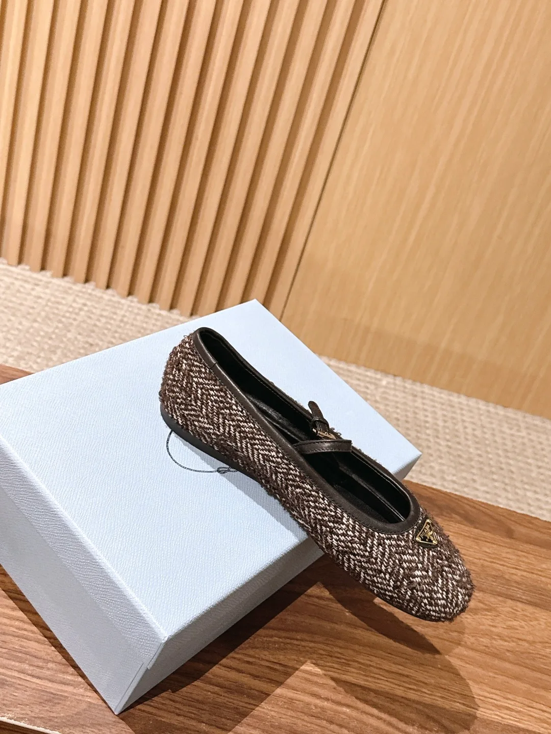 Prada Woven Buckle Flats in Brown · view 5