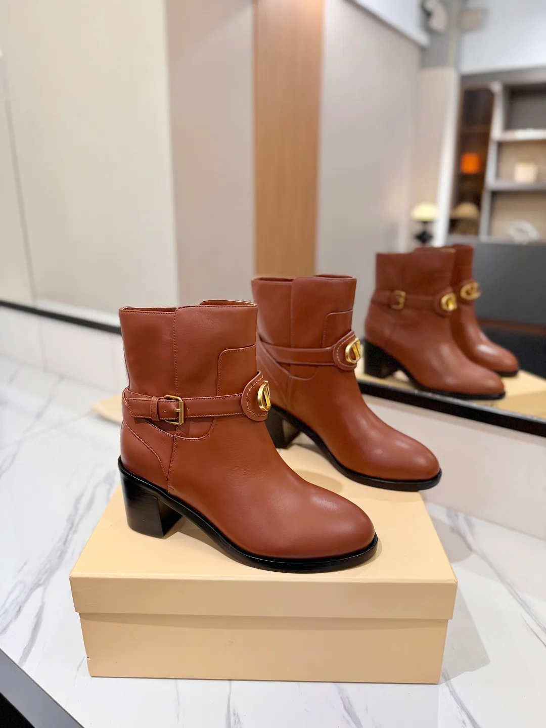 Valentino Calfskin Smooth Ankle Boots in Brown · view 1