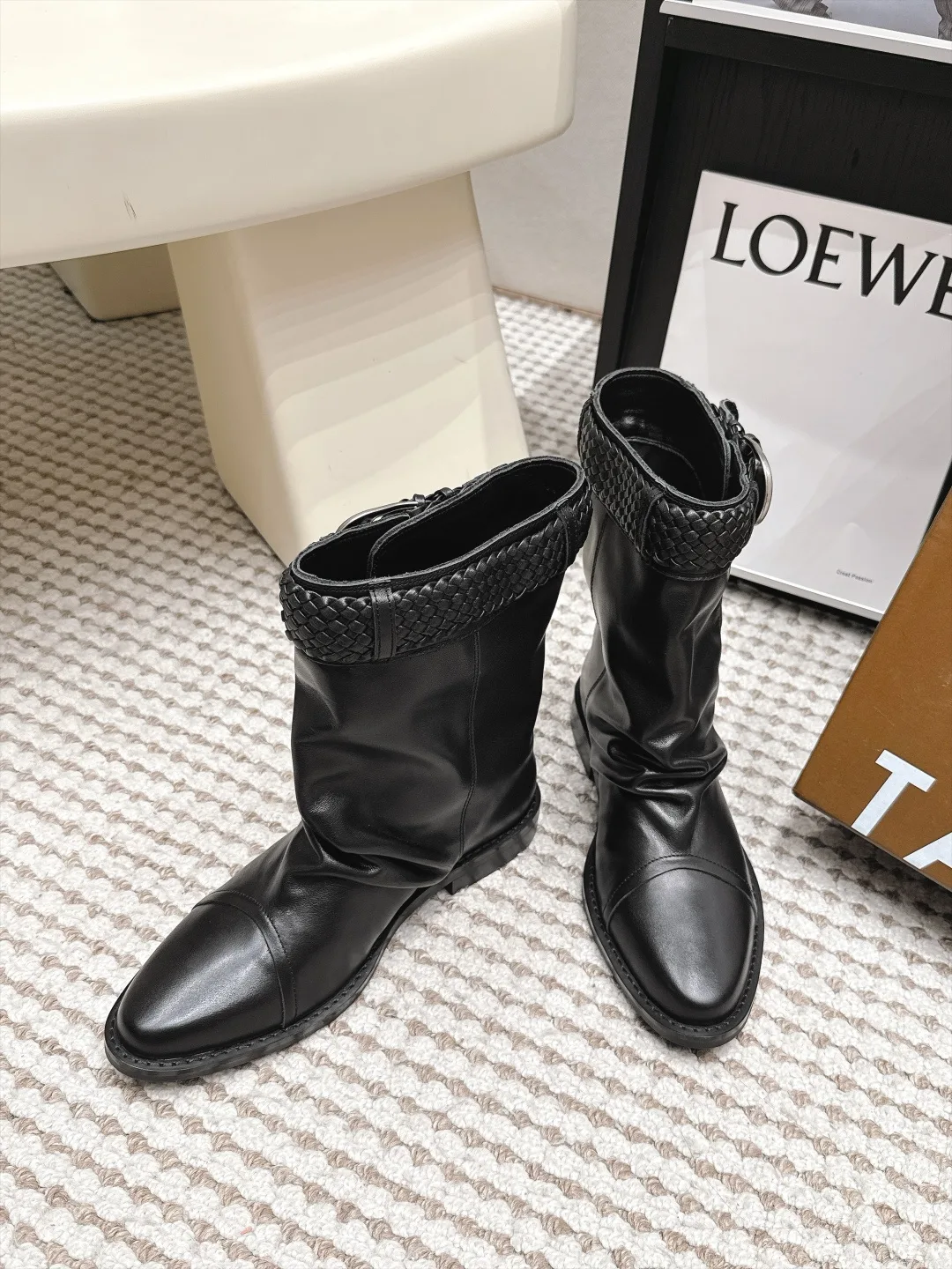 Loewe Woven Glossy Pointed-Toe Buckle Boots in Black · view 4