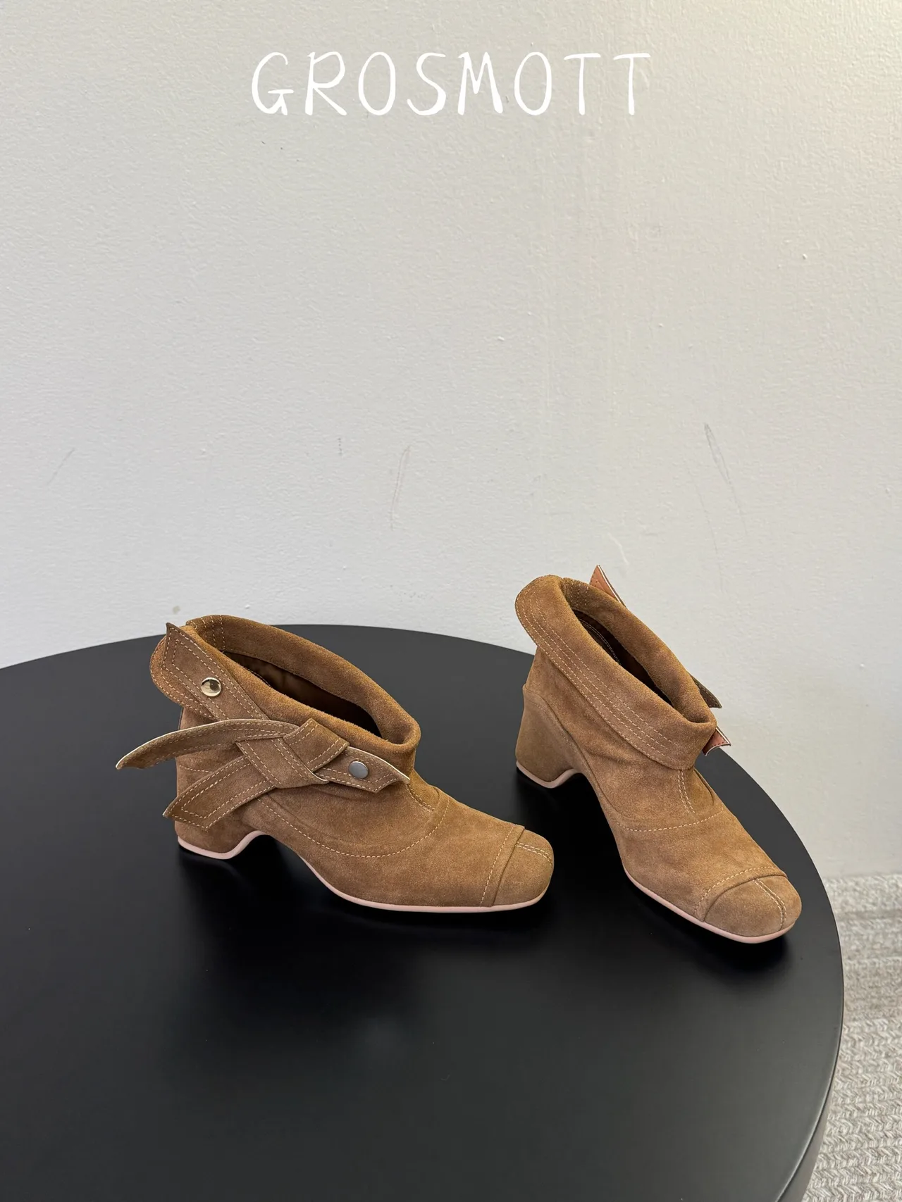 Sheepskin Suede-Look Square-Toe Buckle Ankle Boots in Brown · view 4