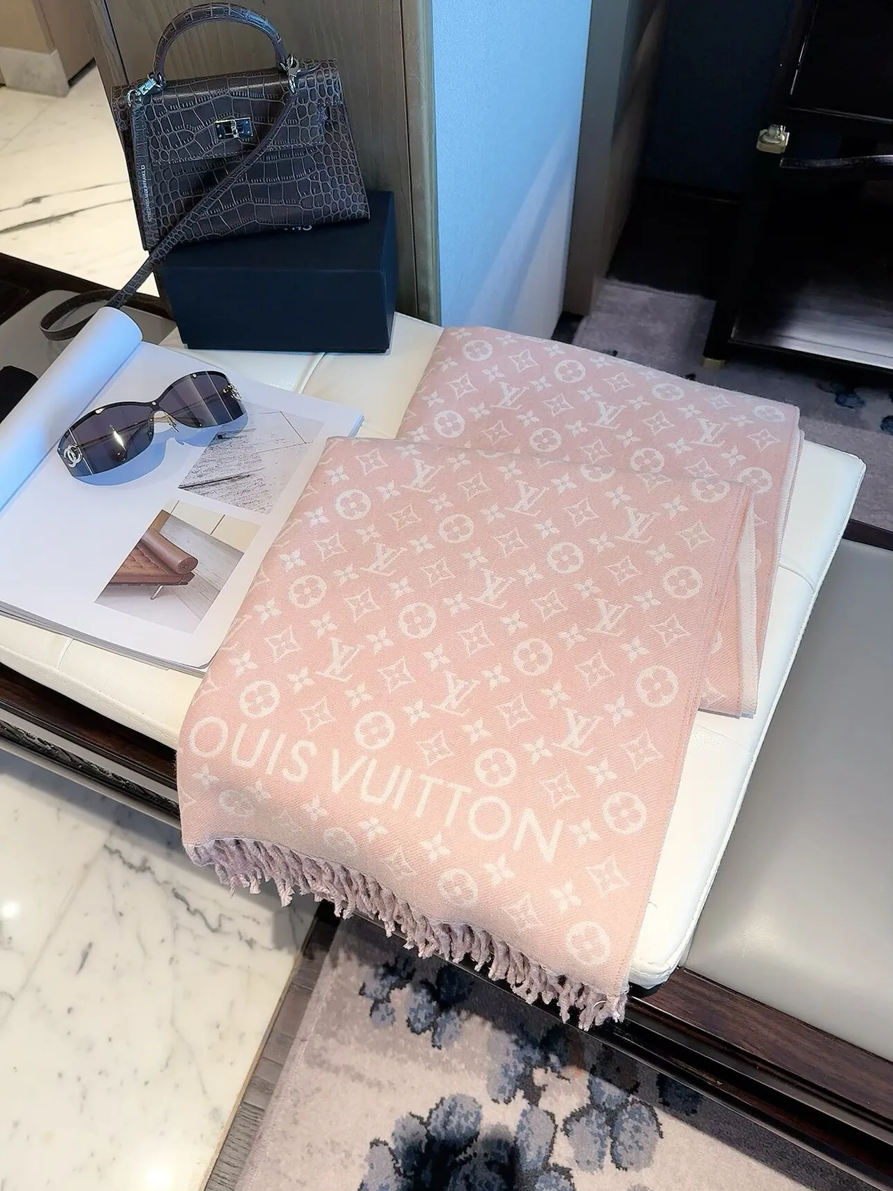Louis Vuitton Fringed Monogram Scarf in Pink & Black · view 1