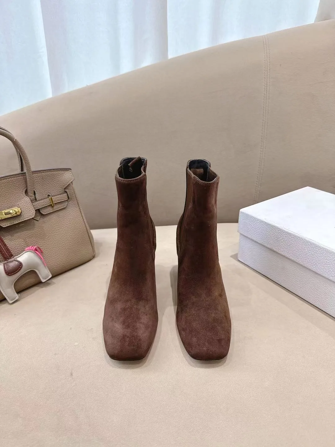Dior Suede-Look Square-Toe Ankle Boots in Brown · view 1