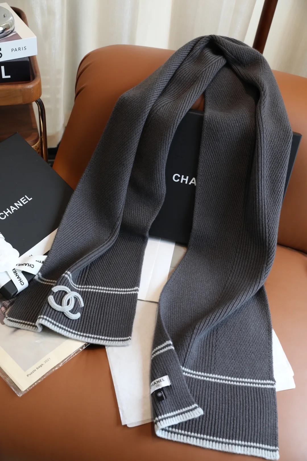 Chanel Wool Cashmere Striped Scarf in Grey · view 1