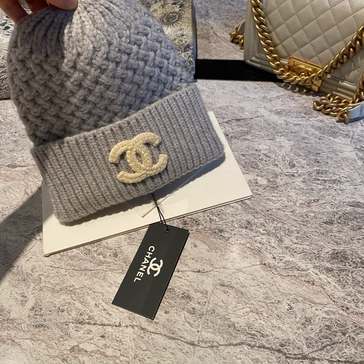 Chanel CC Knit Beanie in Black & White & Beige · view 7