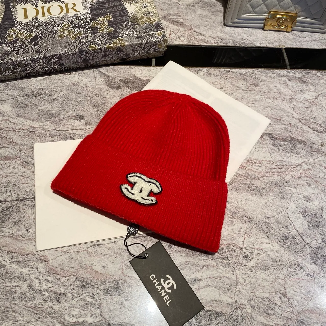 Chanel CC Knit Beanie in Black / White / Red / Burgundy / Grey / Tan / Pink · view 3