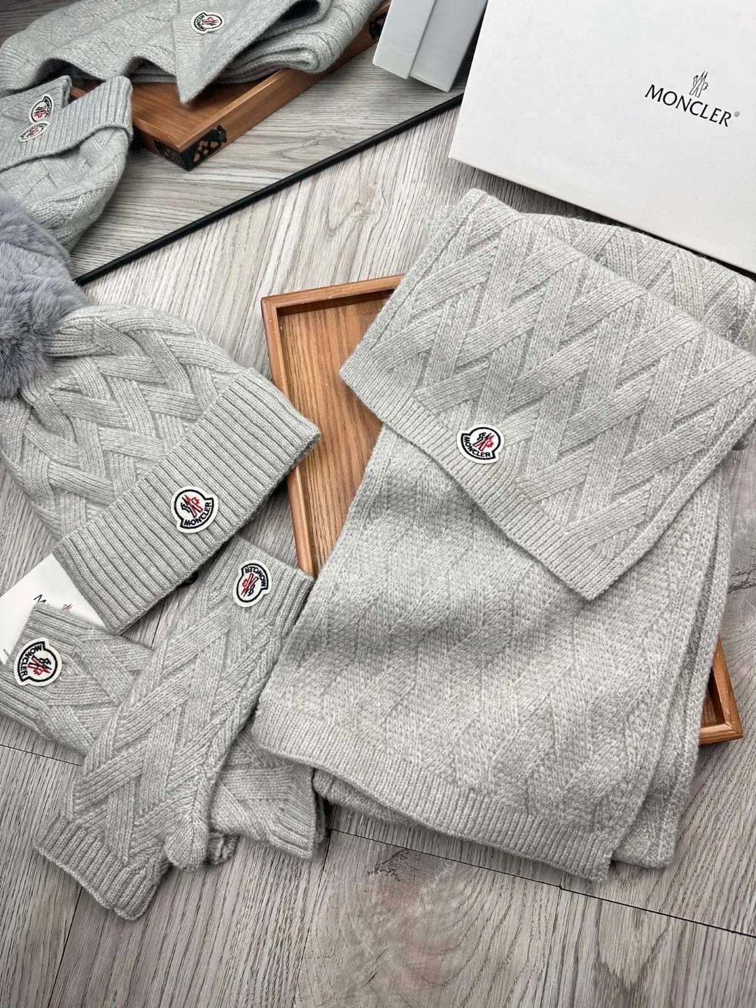Moncler Wool Smooth Hat Scarf and Gloves Set in Grey · view 4