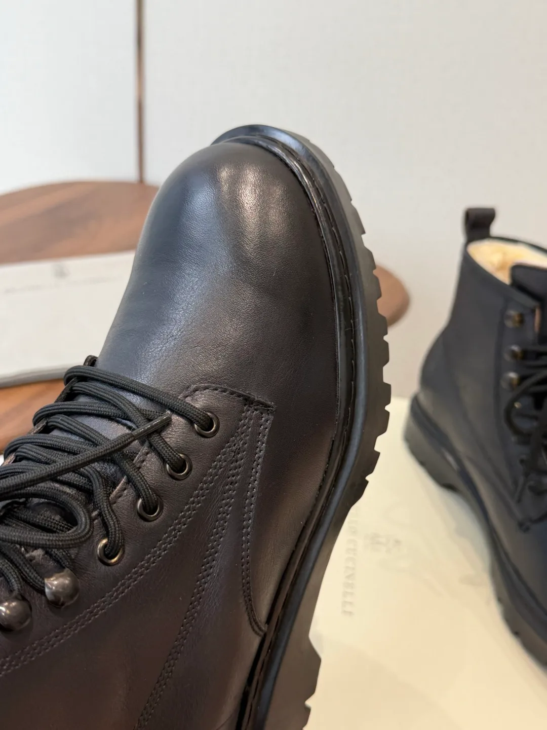 Brunello Cucinelli Cowhide Glossy Round-Toe Lace-Up Ankle Boots in Black · view 6