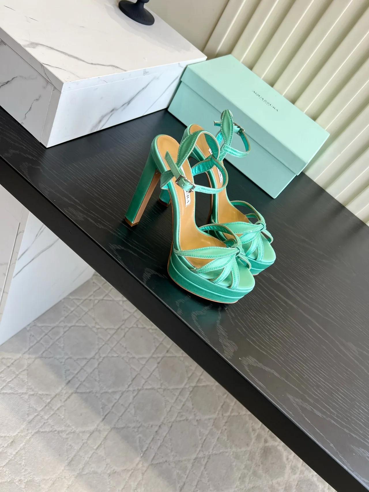 Aquazzura Silk Bow Platform Heeled Sandals in Green · view 3