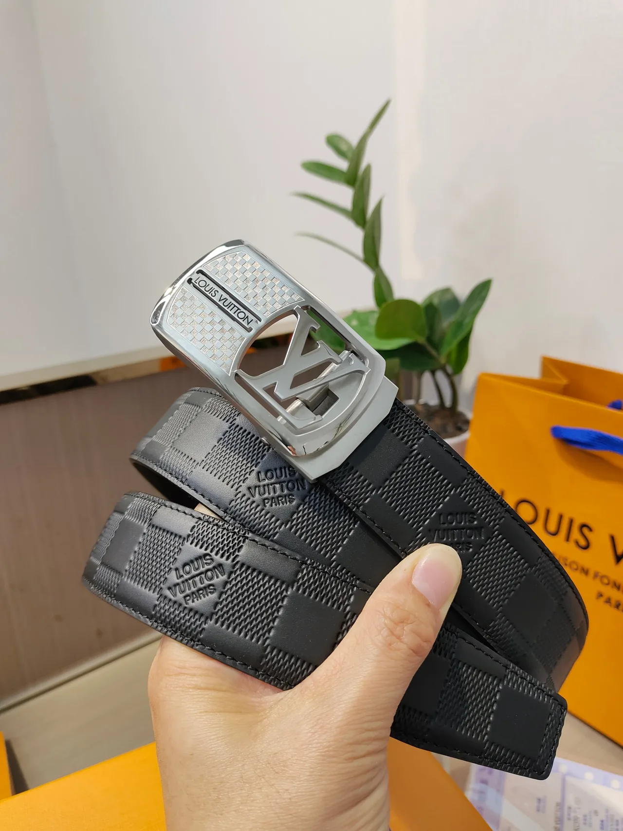 Louis Vuitton Calfskin Check Belt in Black · view 3