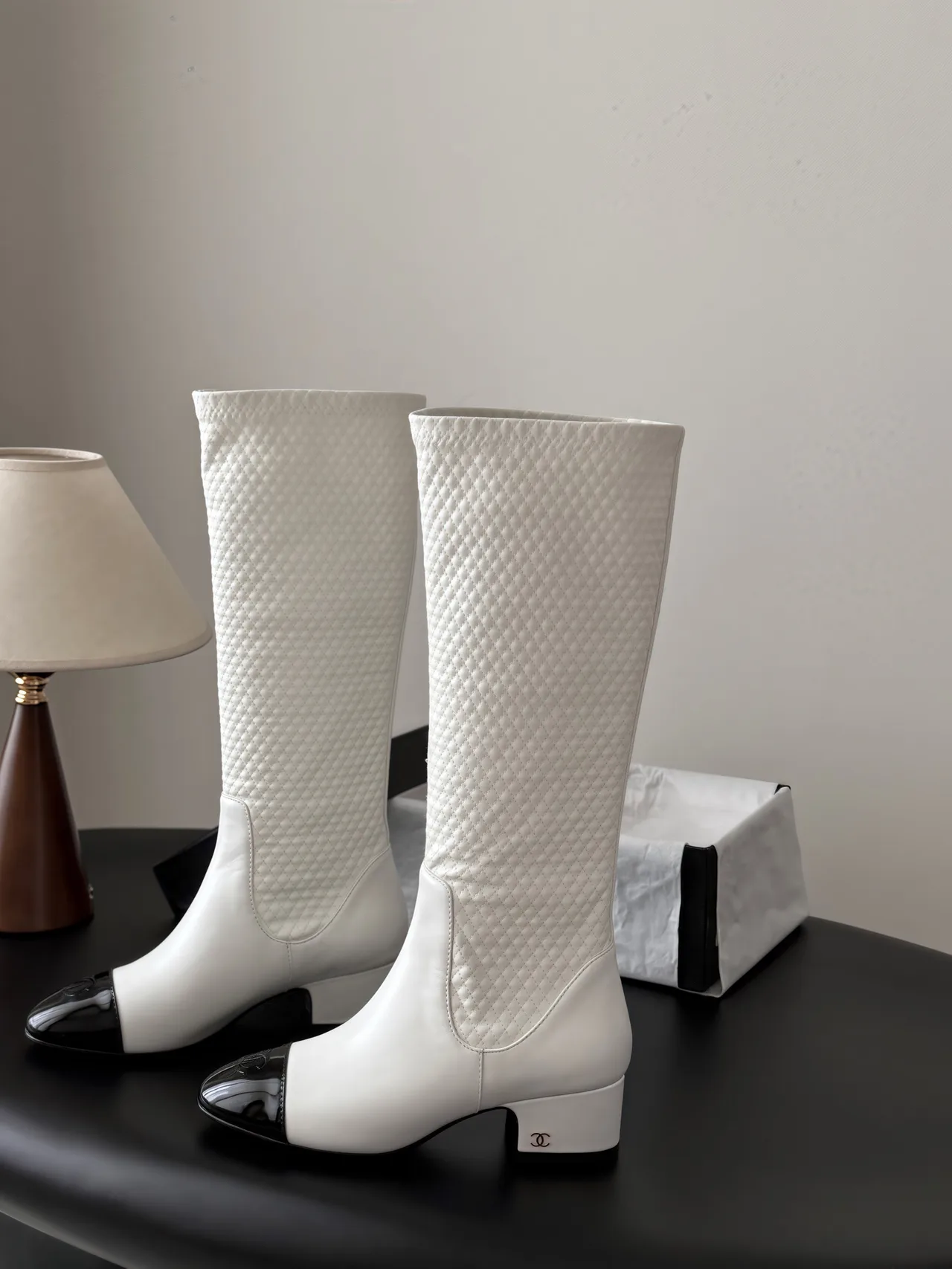 Chanel Cowhide Glossy Pointed-Toe Knee-High Boots in White · view 2