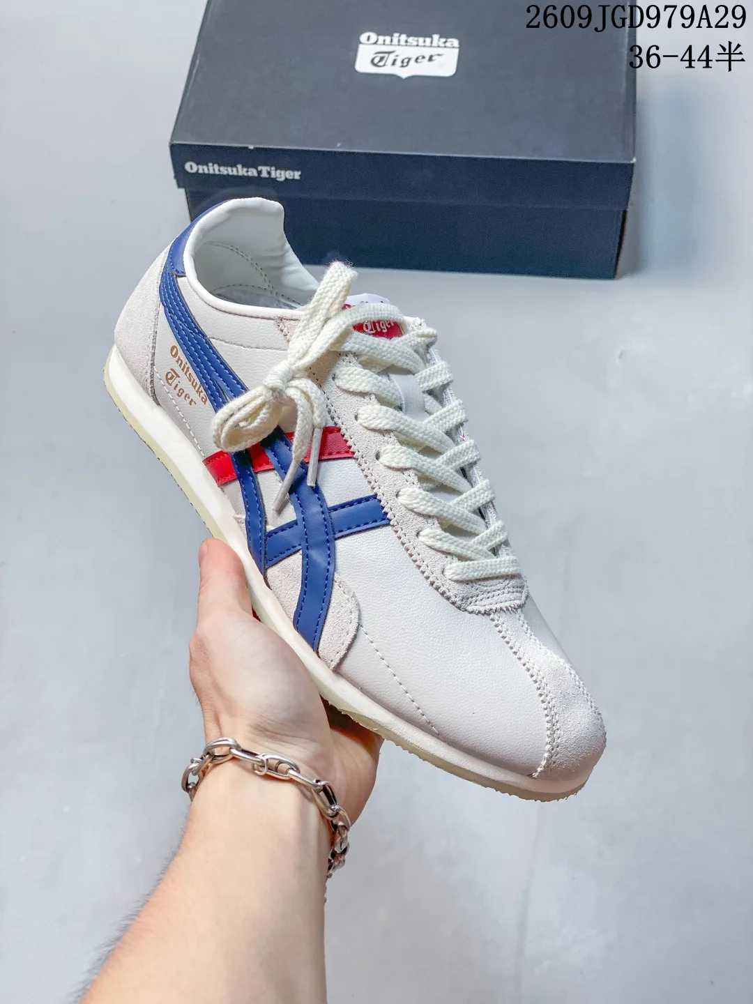 Onitsuka Tiger Striped Low-Top Sneakers in White & Blue & Green · view 1