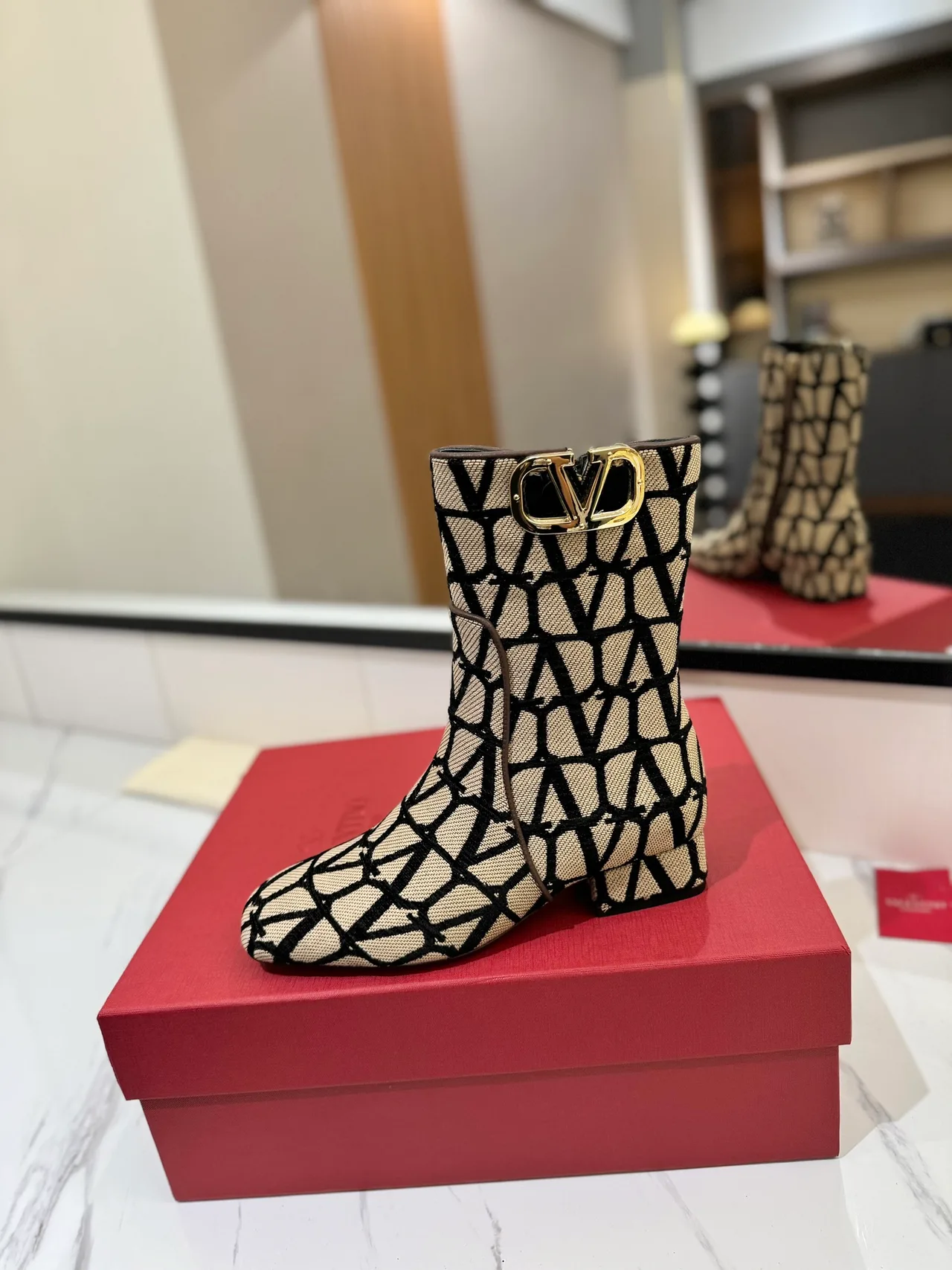 Valentino Wool Pointed-Toe VLOGO Ankle Boots in Beige · view 4