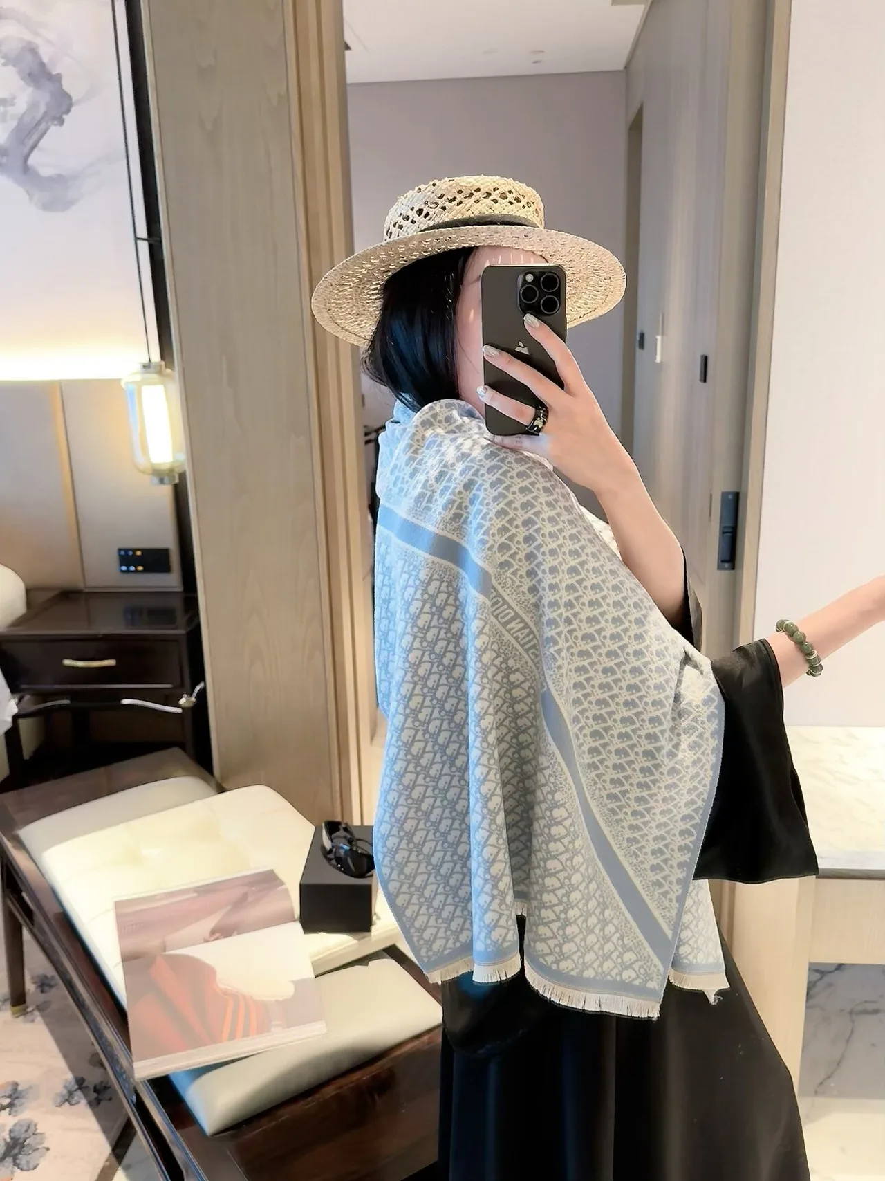 Dior Patterned Scarf in Blue & Grey & Pink · view 4
