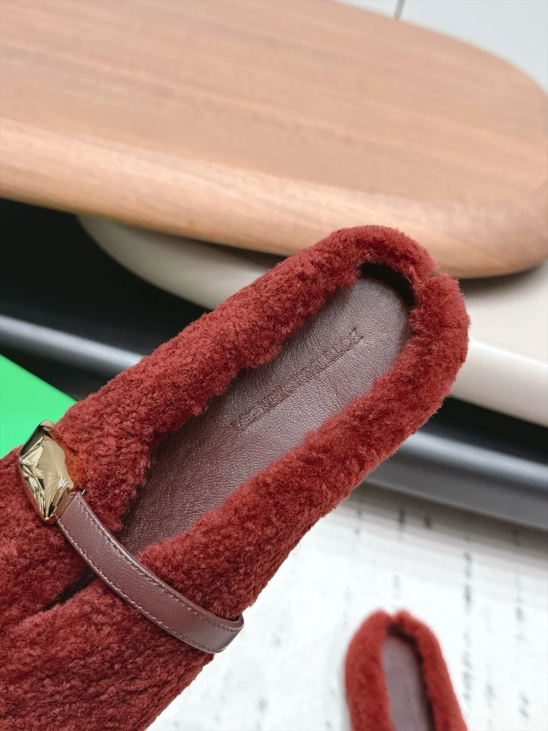 Bottega Veneta Sheepskin Buckle Fur Mary Jane Mules in Red · view 6