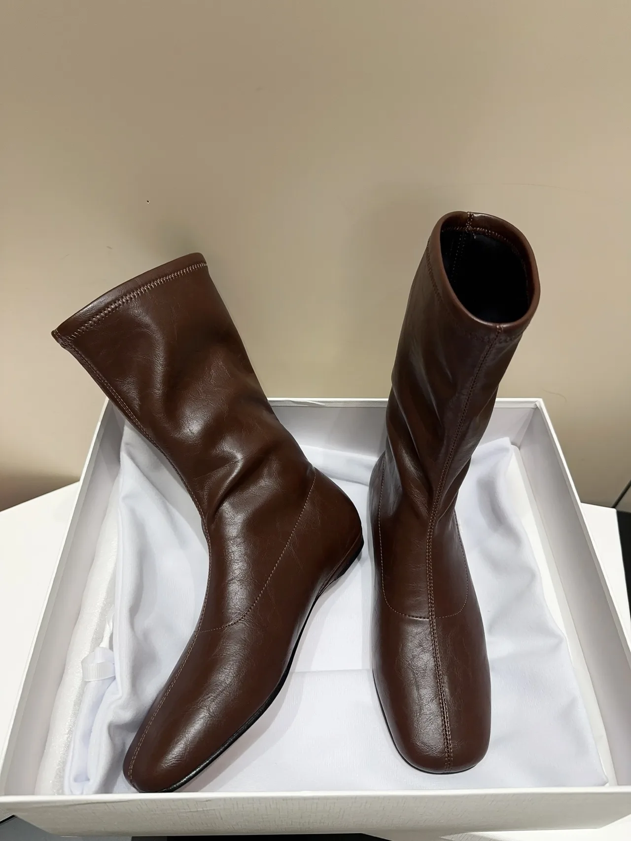 The Row Cowhide Sheepskin Glossy Round-Toe Square-Toe Ankle Boots in Brown · view 5