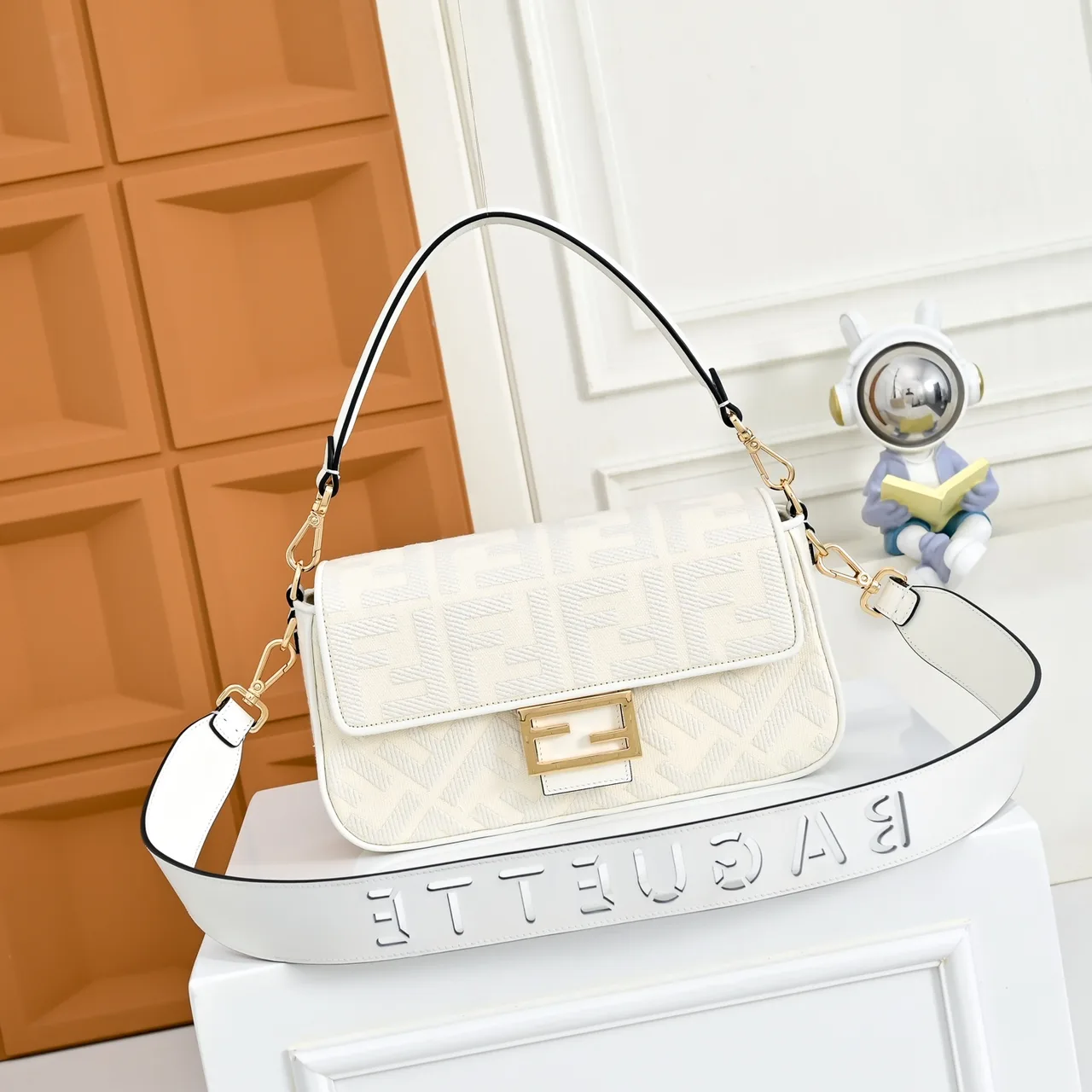 Fendi Canvas FF Monogram Baguette Bag in White · view 1