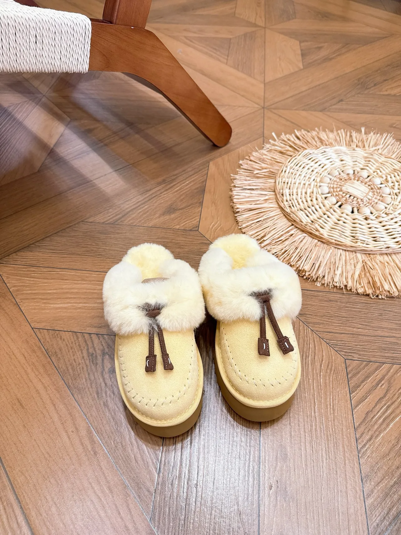 Glossy Tassel Plush-Cuff Platform Mules in Yellow · view 1