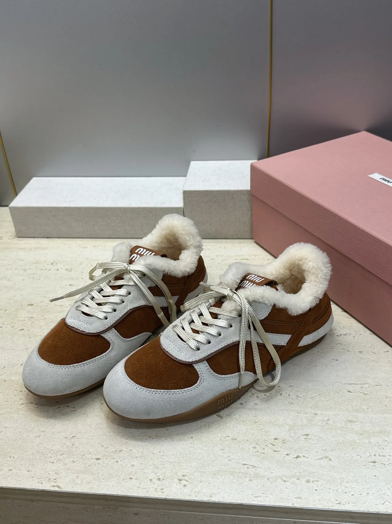 Miu Miu Striped Suede-Look Round-Toe Sneakers in Brown · view 3