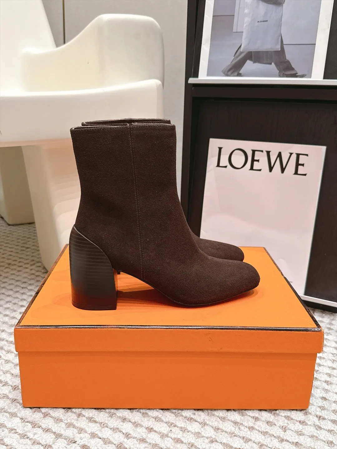 Loewe Glossy Suede-Look Pointed-Toe Ankle Boots in Brown · view 2