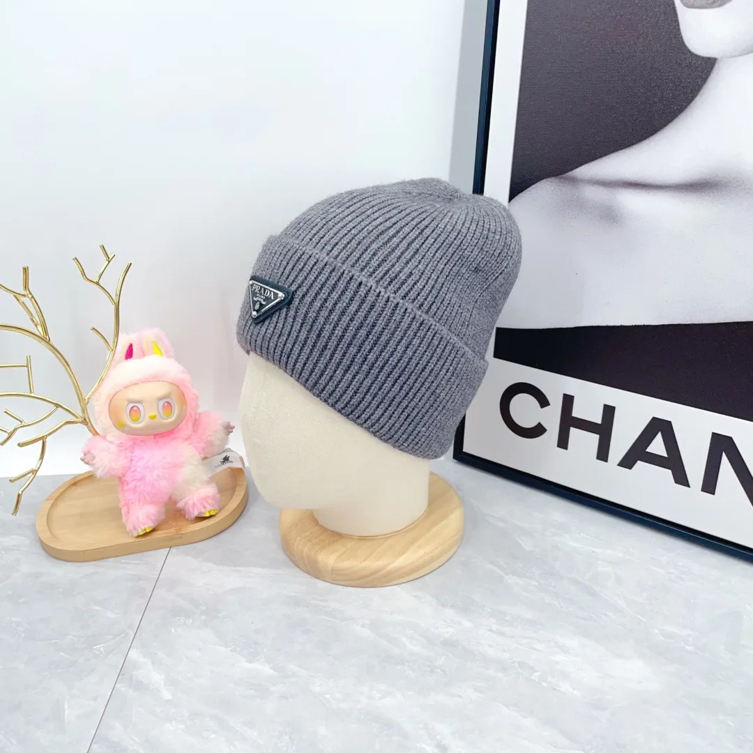Prada Wool Triangle Logo Knit Beanie in Grey · view 4