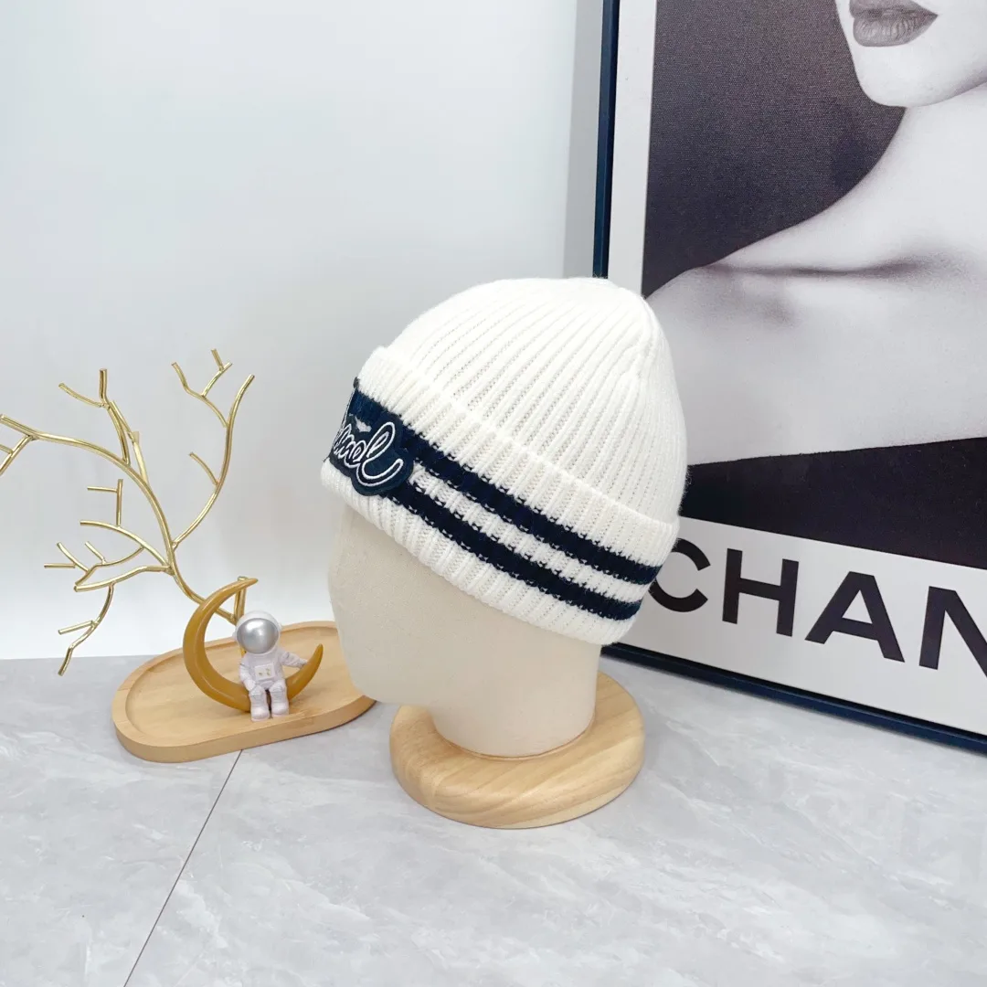 Chanel Striped Embroidered Beanie in White · view 6