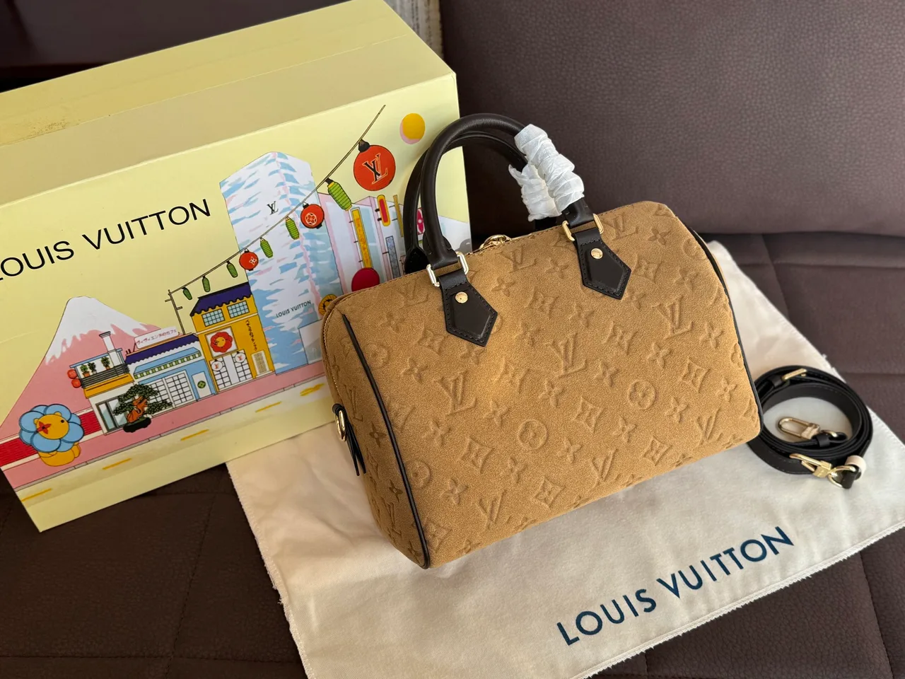 Louis Vuitton Speedy 25 Embossed Suede Pillow Top-Handle Bag in Tan · view 2