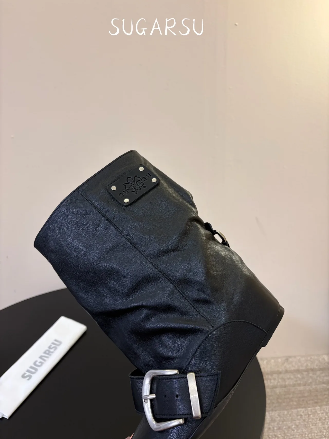 Sugar Su Sheepskin Glossy Square-Toe Boots in Black · view 8